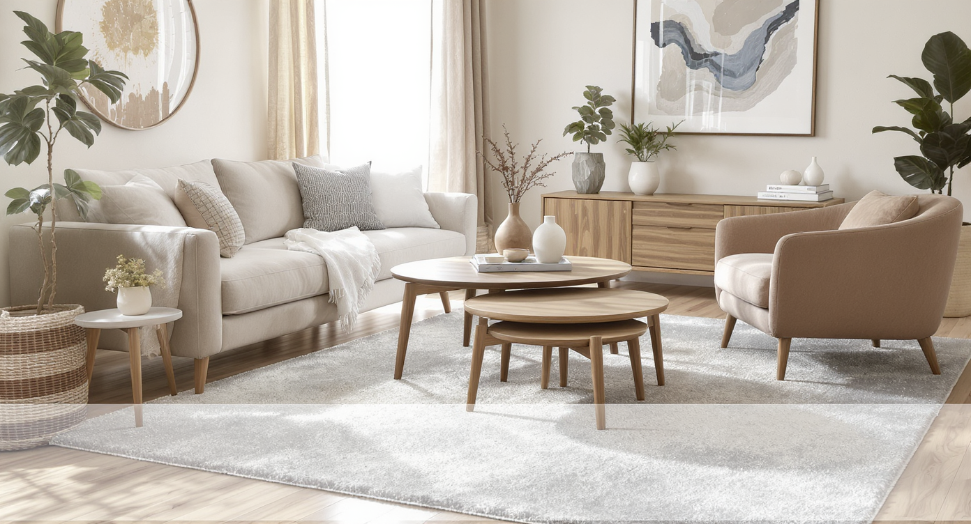 Living room showing sofa legs on rug, nesting coffee table 15 inches away, low media console, and balanced seating.