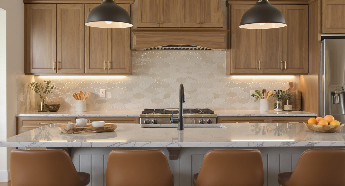 Kitchen featuring a seamless full-height backsplash, warm wood cabinets, mixed-metal hardware, leather stools, pendant and under-cabinet lighting creating layered warmth.