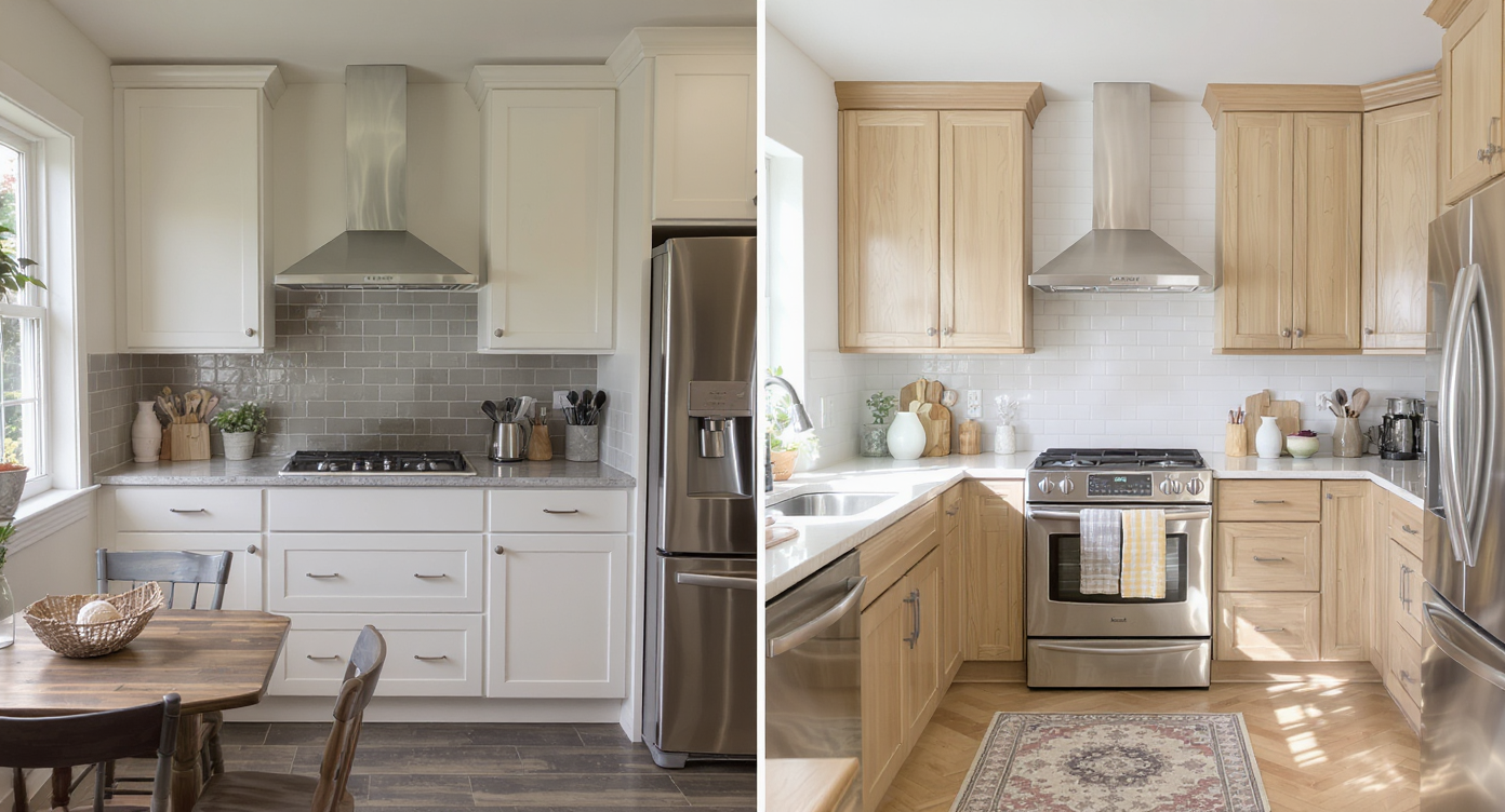 Side-by-side kitchens contrasting poor layout and scale with ideal cabinet spacing, cohesive finishes, and balanced furniture for harmony.