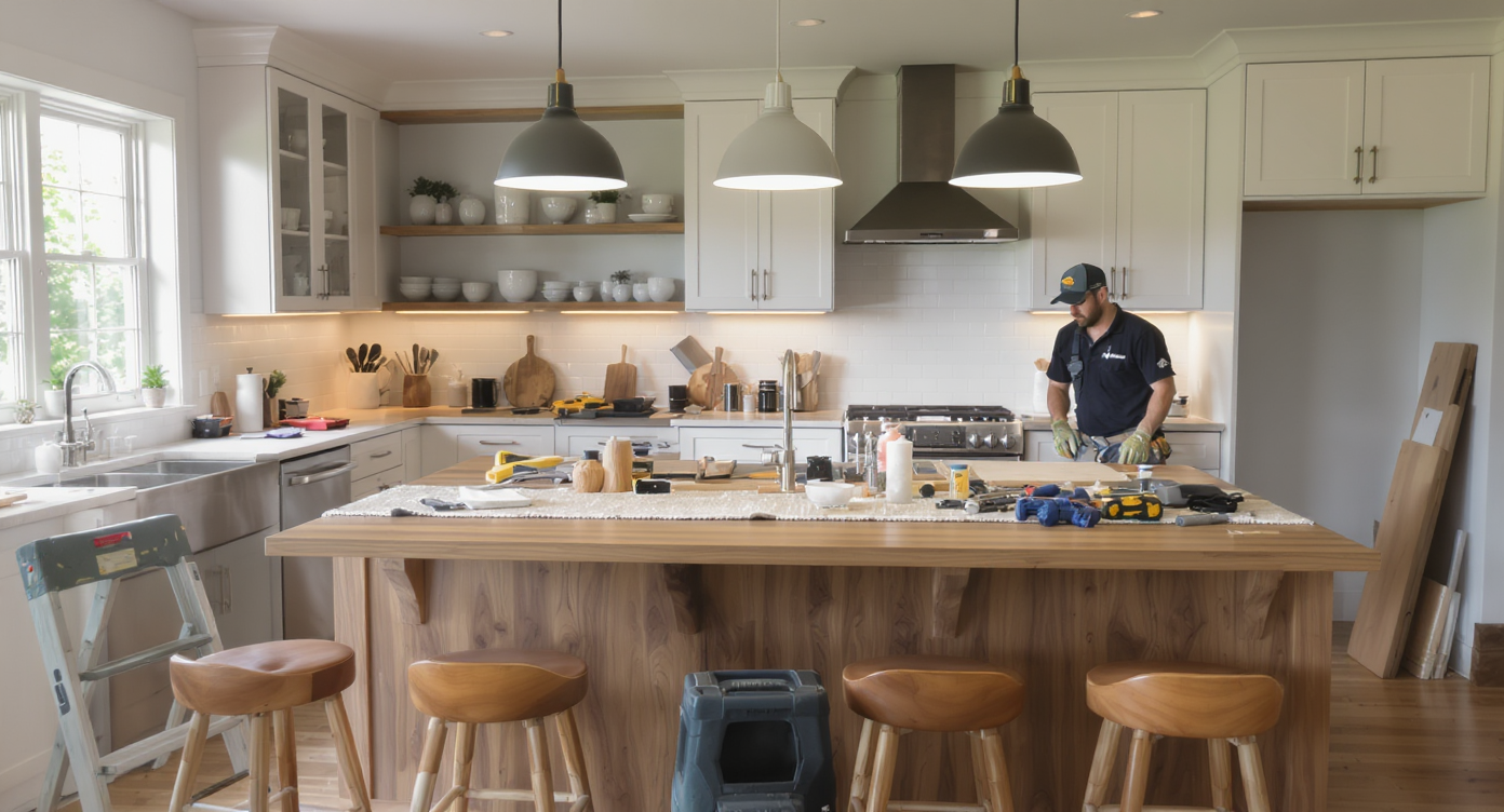 DIY kitchen update featuring new pendant lights, runner rug, under-cabinet lighting installation, and leather stools in natural daylight.