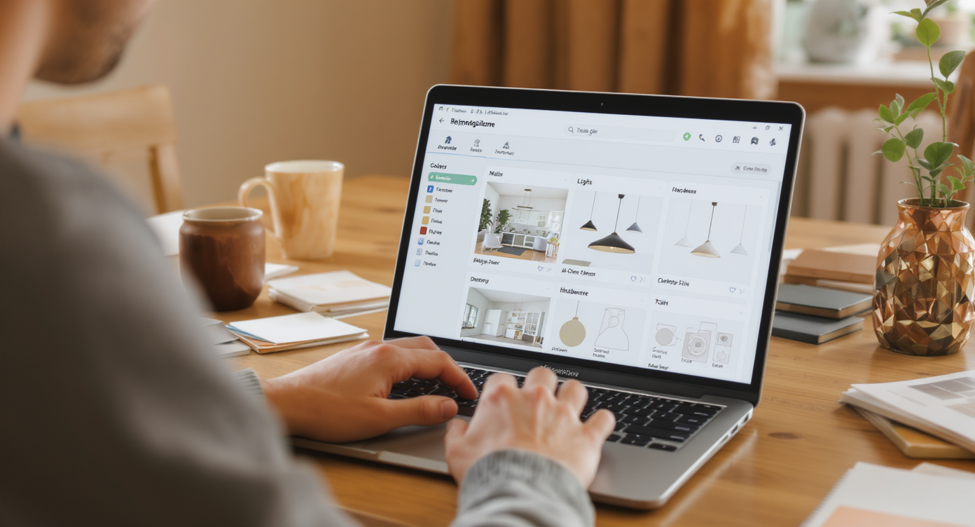 Person at kitchen table interacting with ReimagineHome.ai on laptop, surrounded by material samples and swatches in a softly lit room.