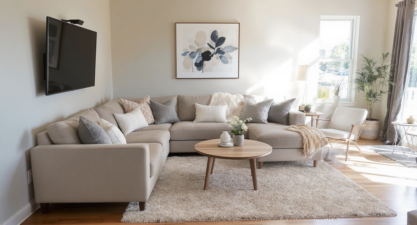 Small living room with L-shaped sofa, oval coffee table, mounted swivel TV, visible wide clear pathways and wall art above sofa