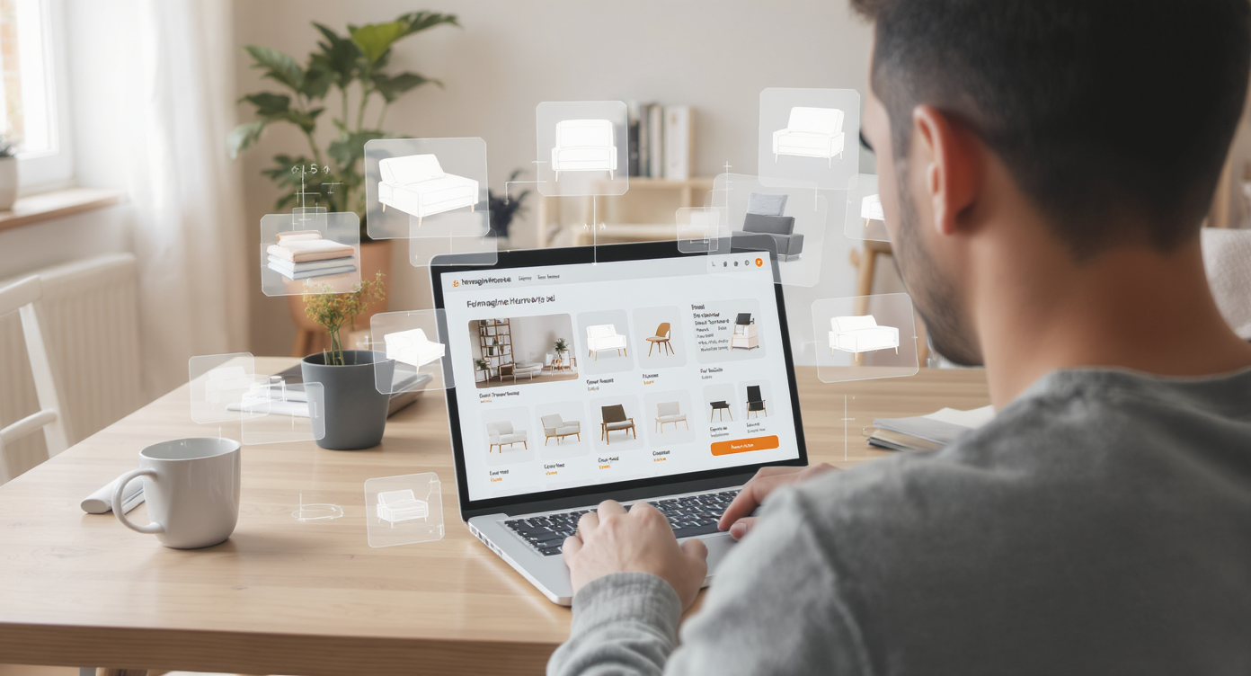 User in clean Scandinavian-style room testing furniture layouts on laptop with ReimagineHome.ai interface visible