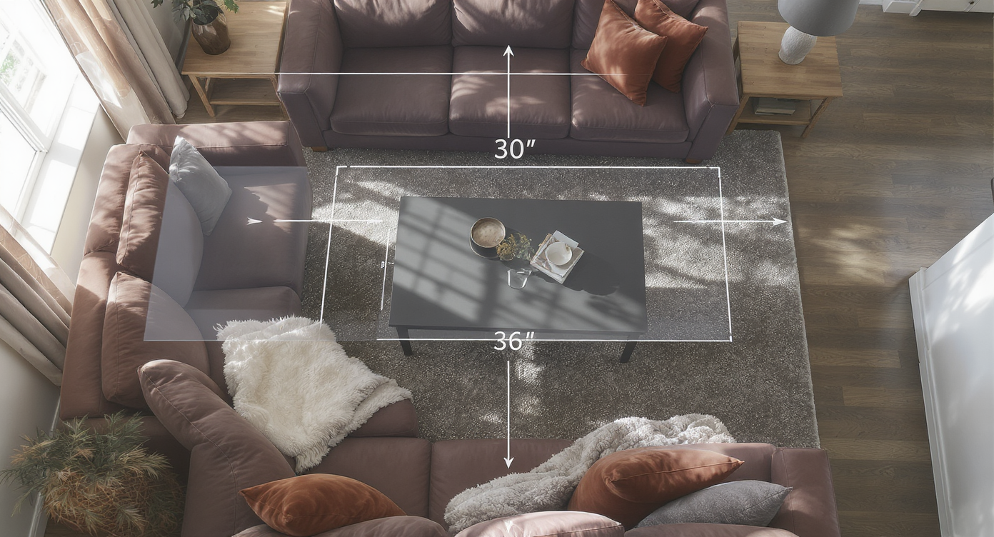 Bird’s-eye view of living room with oversized sofas facing each other, obstructing clear walking space, and bulky coffee table