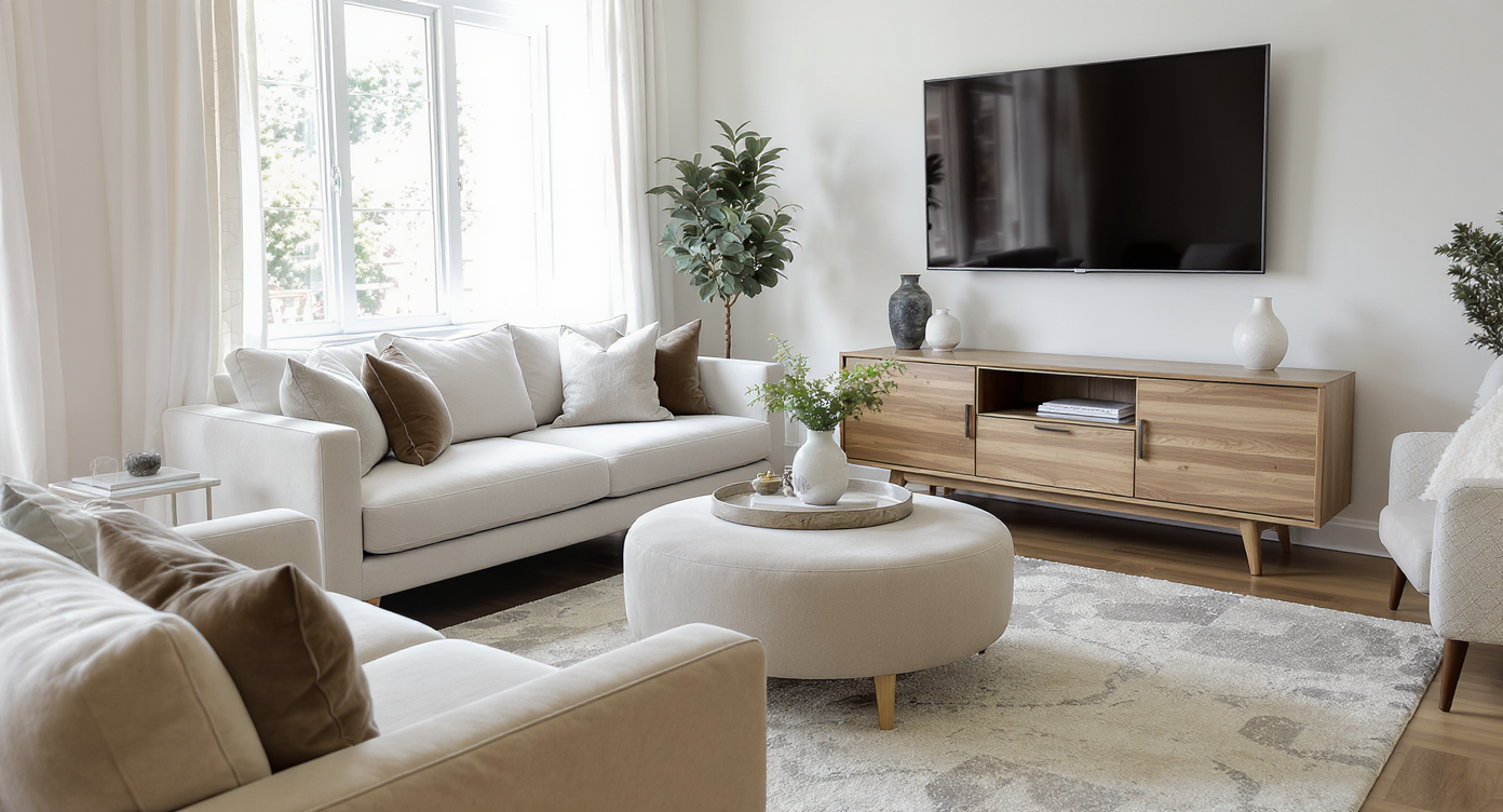 Living room with mid-century sofa placed 14–18 inches from round ottoman coffee table, clear walking paths, and wall-mounted TV