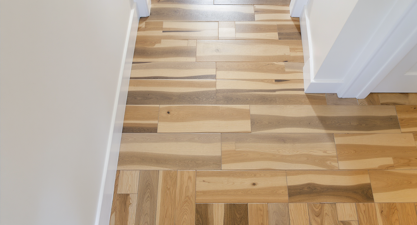 Overhead view of hallway floor with wood-look planks laid lengthwise with staggered 1/3 offset and warm grout.