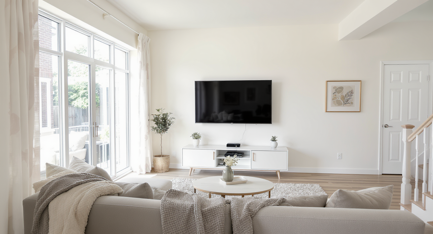 Small living room with TV mounted on solid wall, beige sofa with clear path to window, and oval coffee table under natural light.