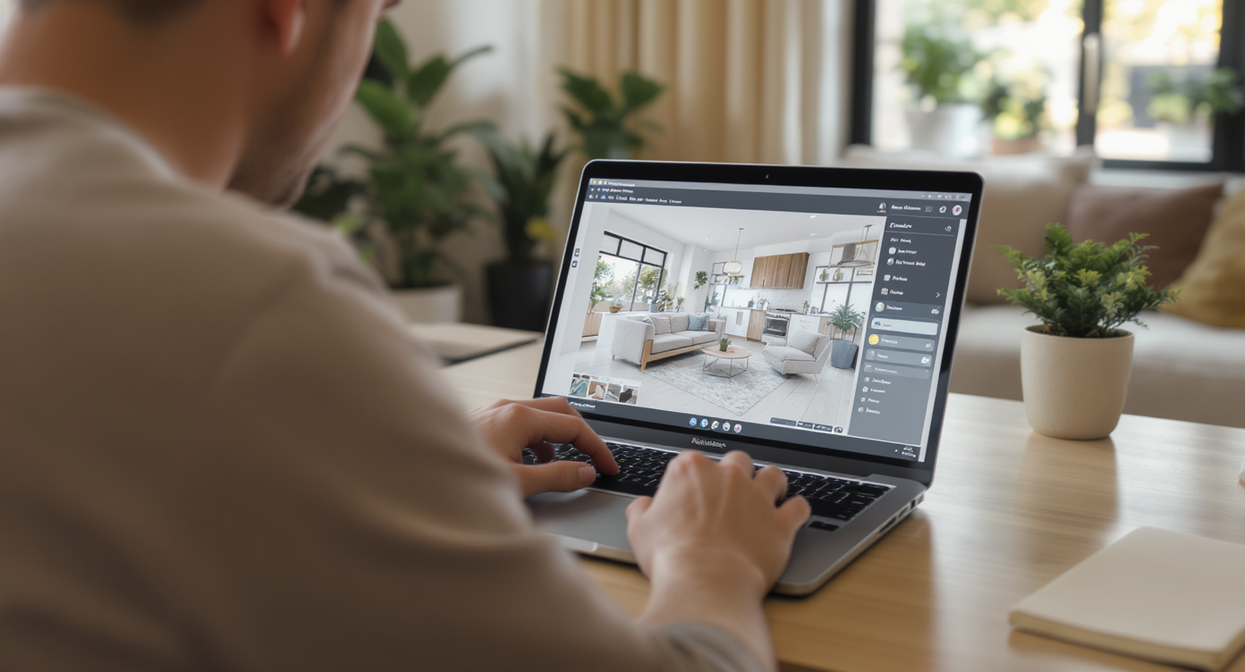 Homeowner using laptop with virtual room layouts displayed, modern living room with window wall in background under natural light.