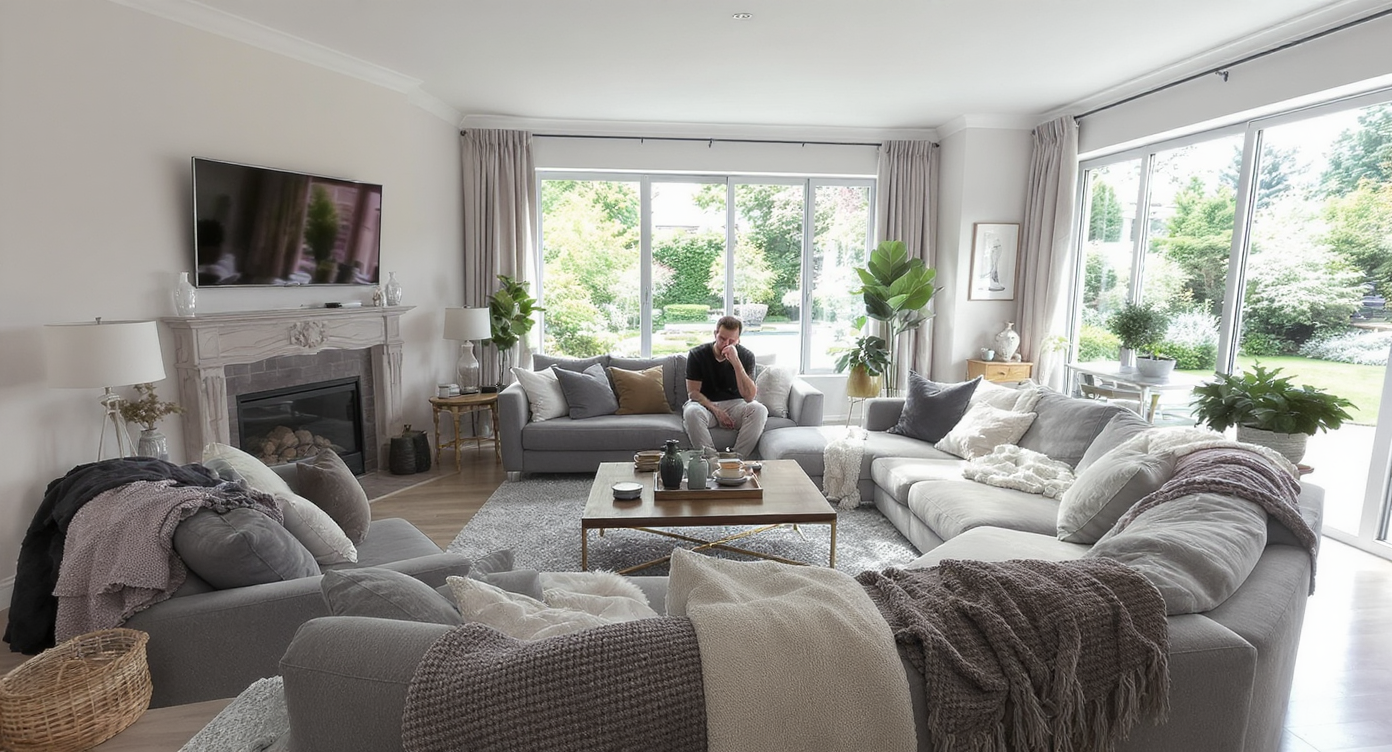 Living room with oversized square coffee table crowding walking space near beige sofa by window wall, homeowner evaluating layout.