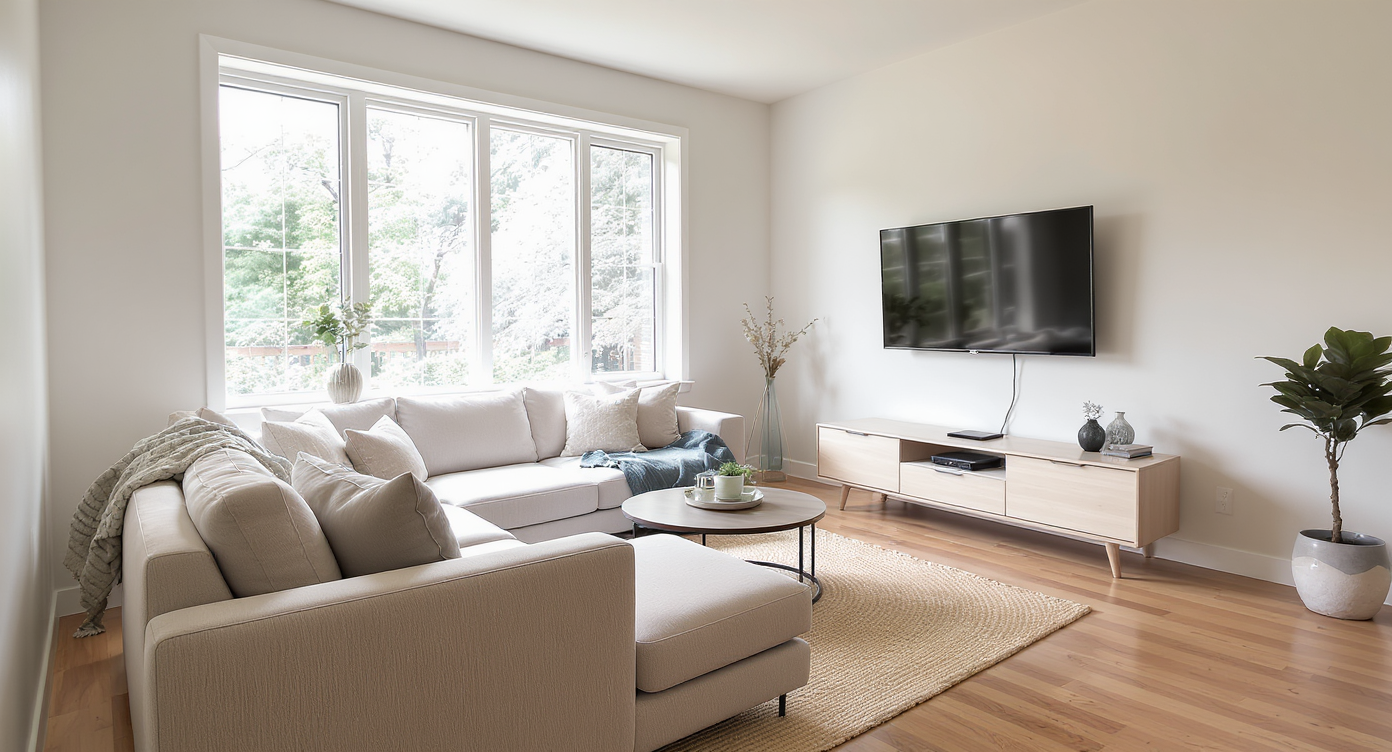 Updated living room with beige sofa, oval coffee table, pivoting wall TV, and clear walking space by large window wall under daylight.
