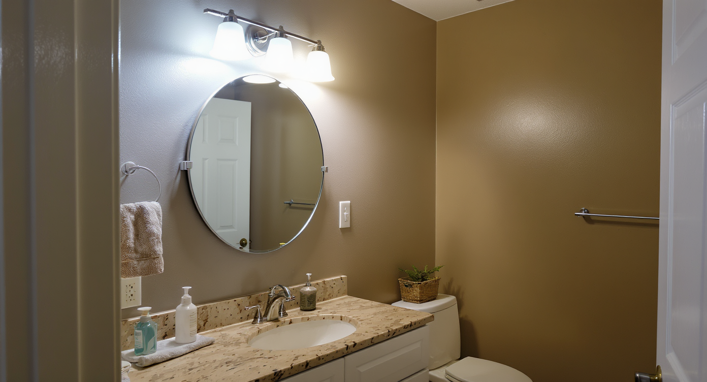 Bathroom with cool overhead lighting, disproportionate mirror, and misplaced furniture disrupting spatial harmony.