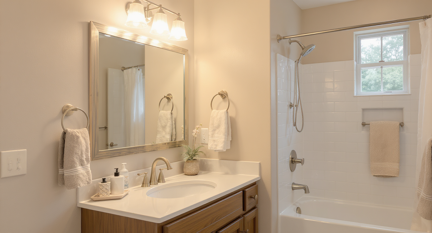 Warm bathroom with properly placed sconces, coordinated metal fixtures, and practical towel storage solutions.