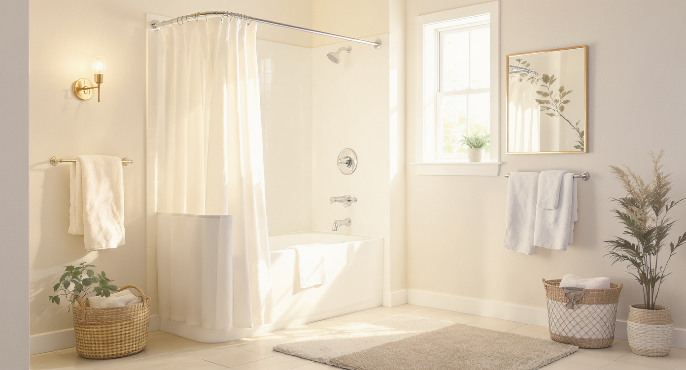 Inviting bathroom corner highlighting warm lighting, elevated curtain rod, coordinating mirror and hardware, and soft bath rug.