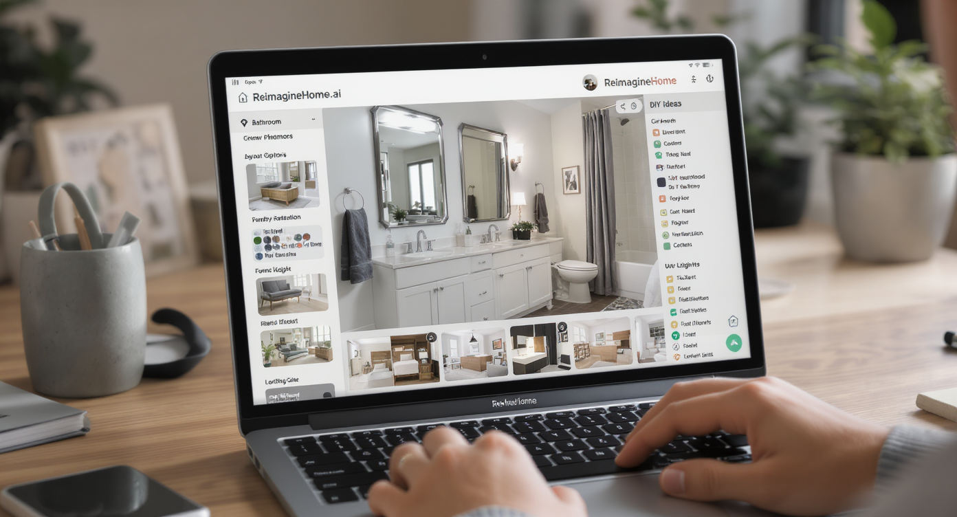 Homeowner using AI tool on laptop to preview bathroom layouts, styles, and lighting adjustments digitally.