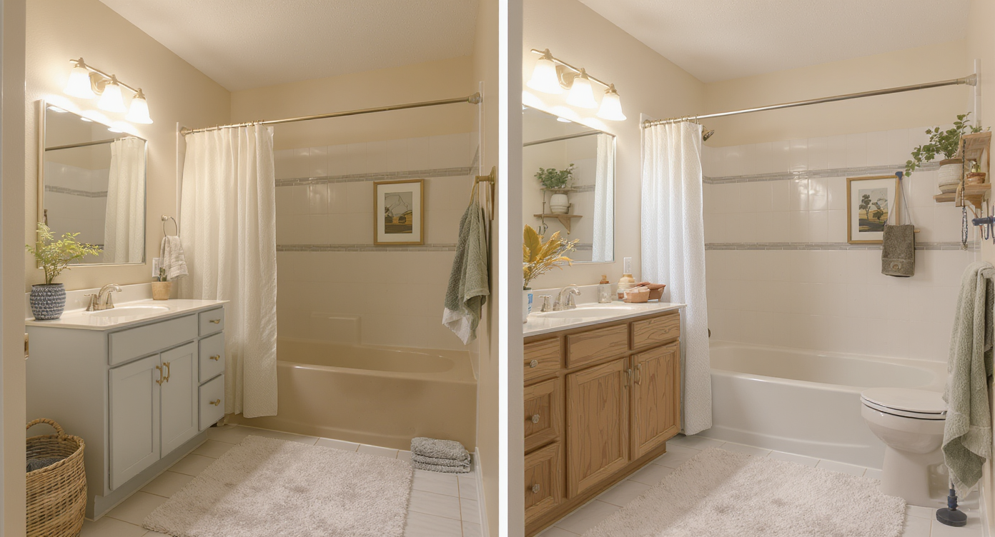 Person making final DIY adjustments in warmly lit bathroom with raised curtain rod and matching finishes.