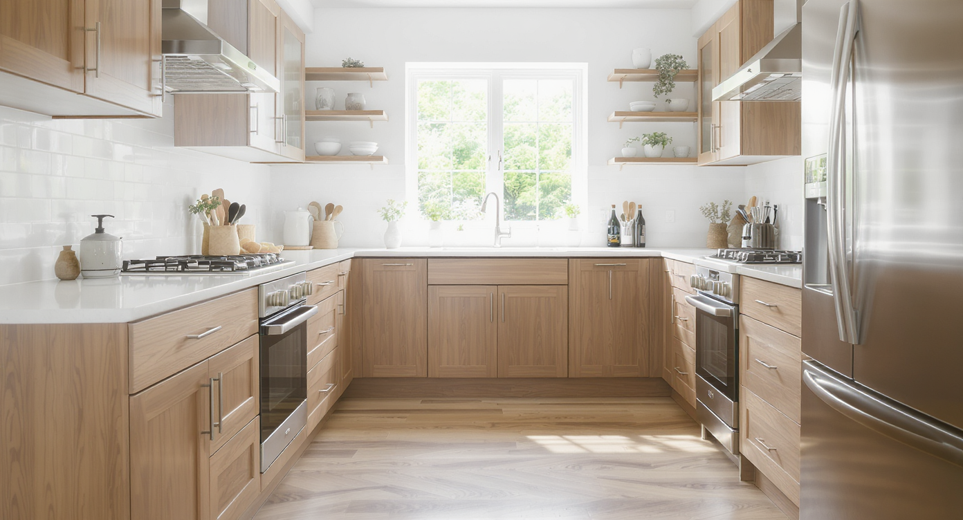 Bright kitchen with medium wood cabinets, white walls, pale counters, and coordinating wood flooring under natural light.