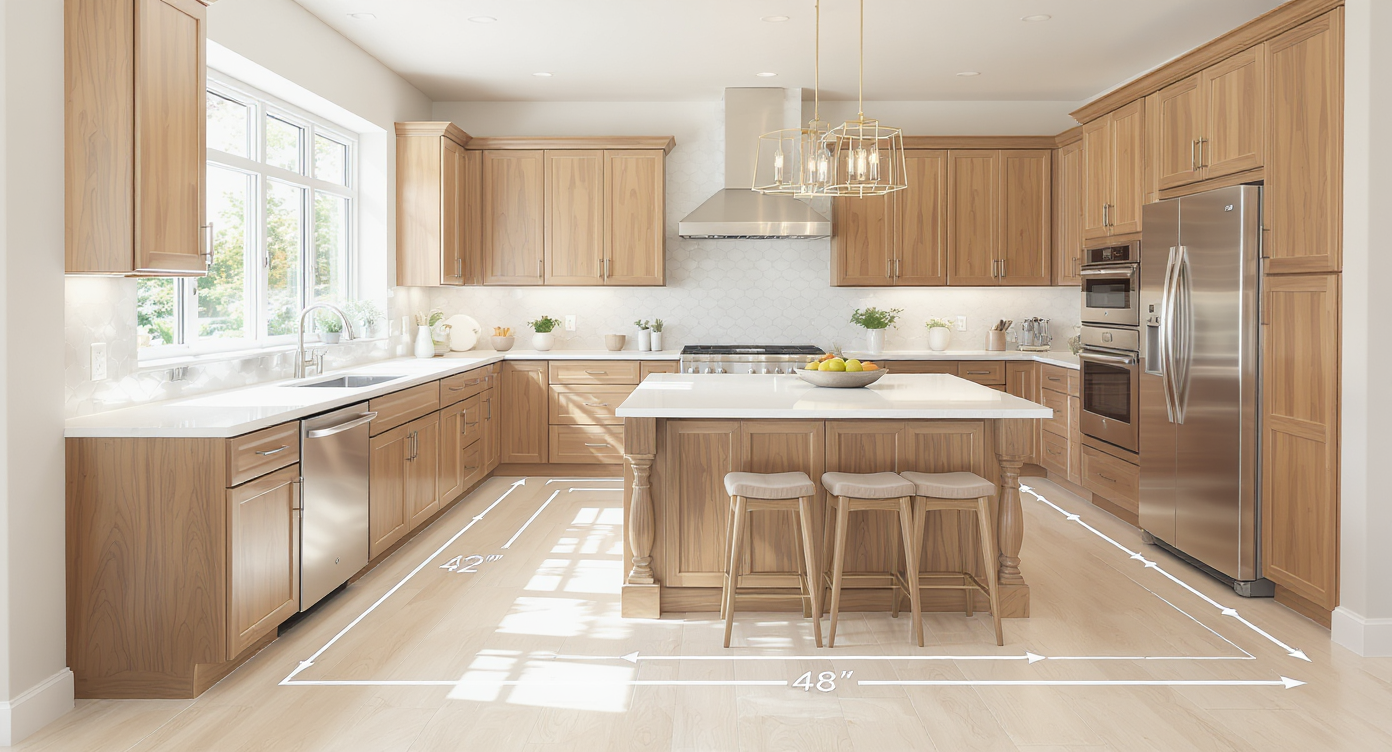 Kitchen with medium wood cabinets, wide 42–48 inch walkways around island seating area under natural light.