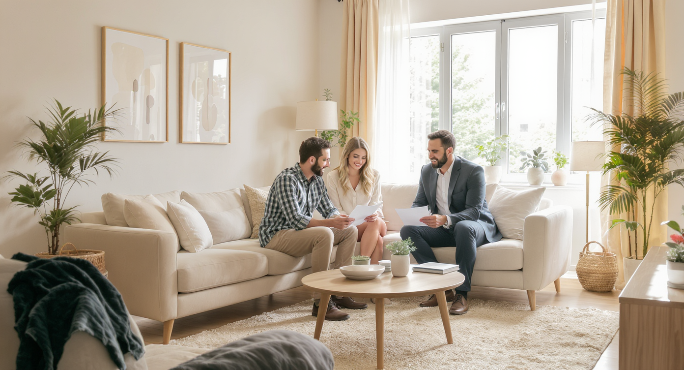 A couple with a realtor reviewing documents in a cozy, sunlit living room filled with natural textures and warm tones.