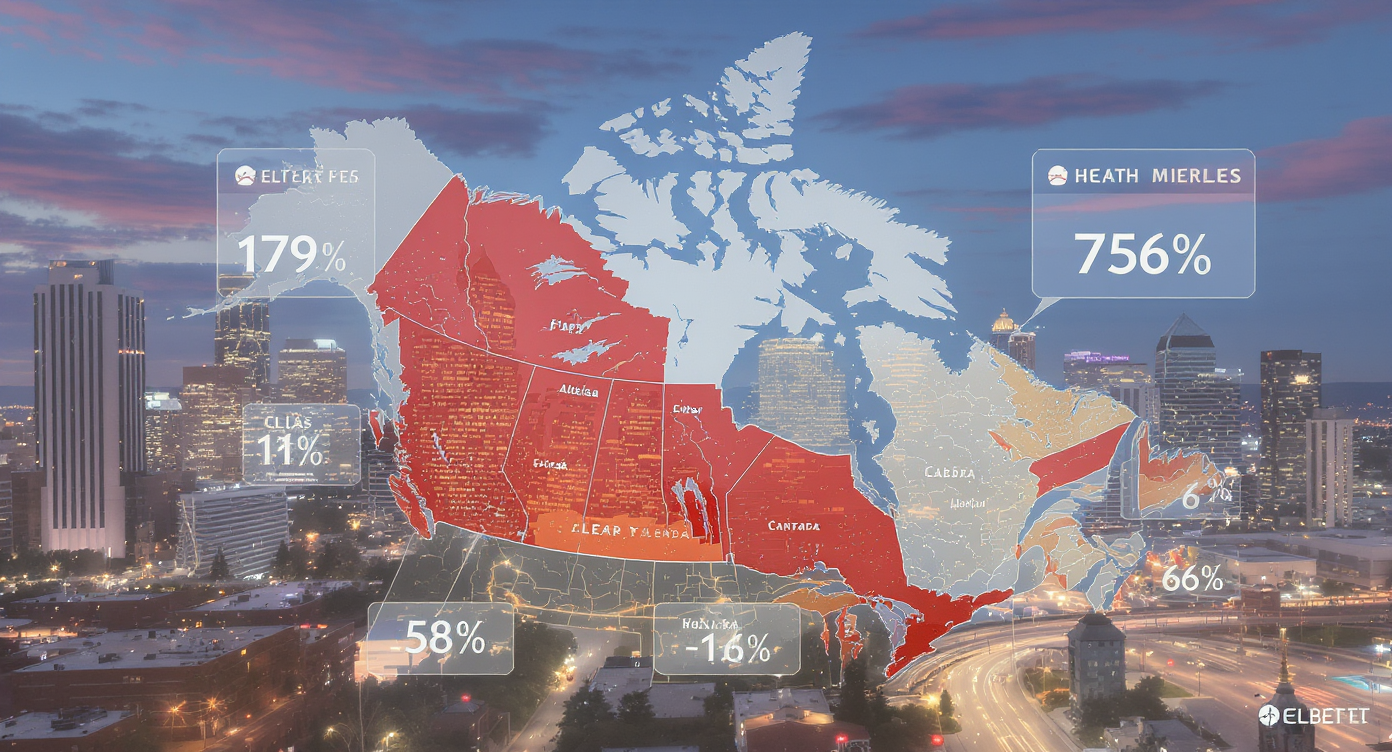 Calgary city skyline at dusk with graphical overlay showing Alberta's realtor commission percentages versus the national average.