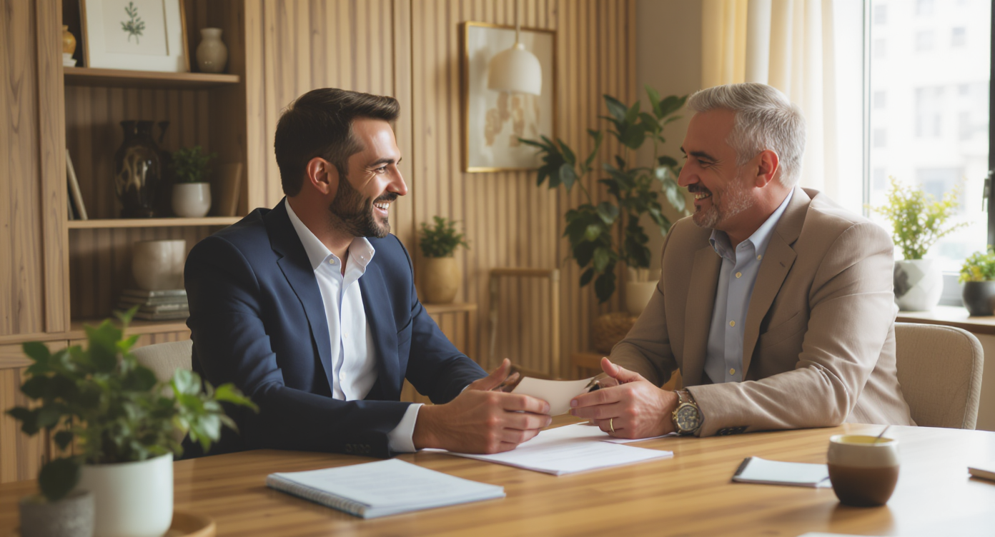 Realtor and client in warm office space share thoughtful conversation, emphasizing trust in fee negotiations.