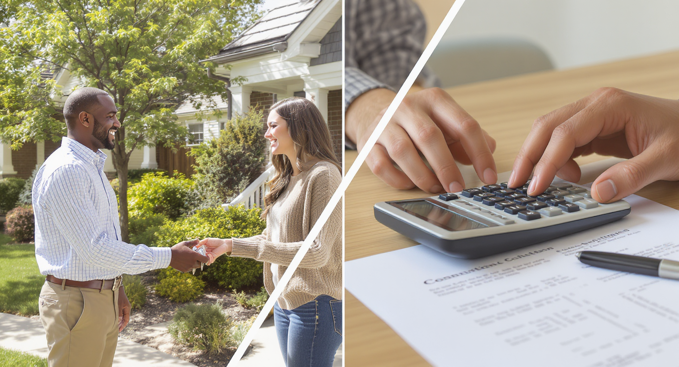 Left: Realtor gives keys to buyers outside a green suburban home; right: calculator and contract papers on wood table under daylight.