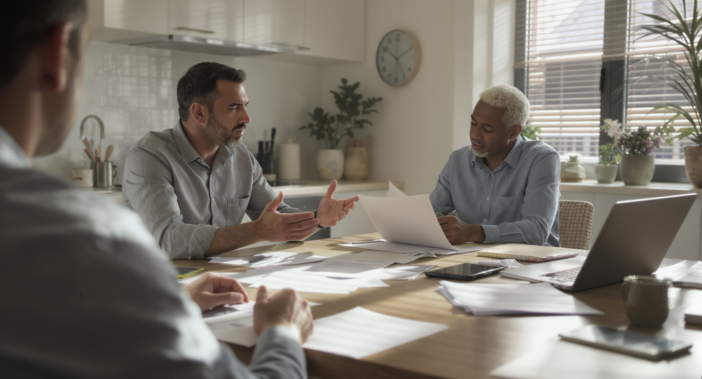 Hands gesturing over scattered documents at a kitchen table during tense real estate negotiation bathed in natural light.