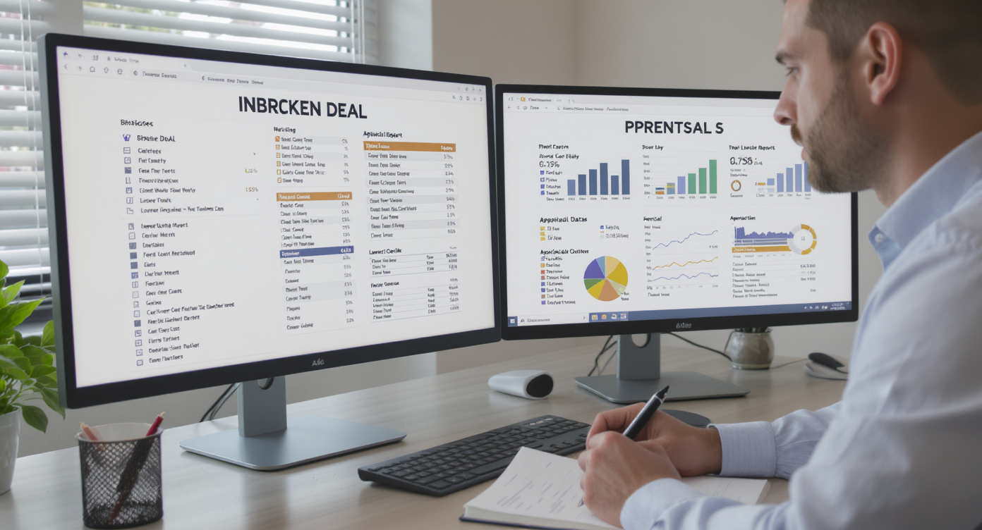 Realtor reviewing inspection and appraisal reports at a desk with dual monitors in softly lit modern workspace.