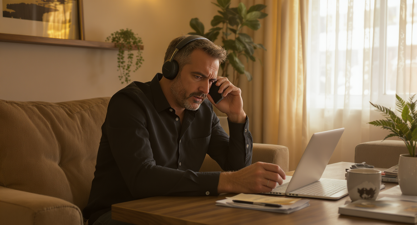 Realtor in stylish living room, taking a serious phone call with mid-century modern decor and warm daylight.