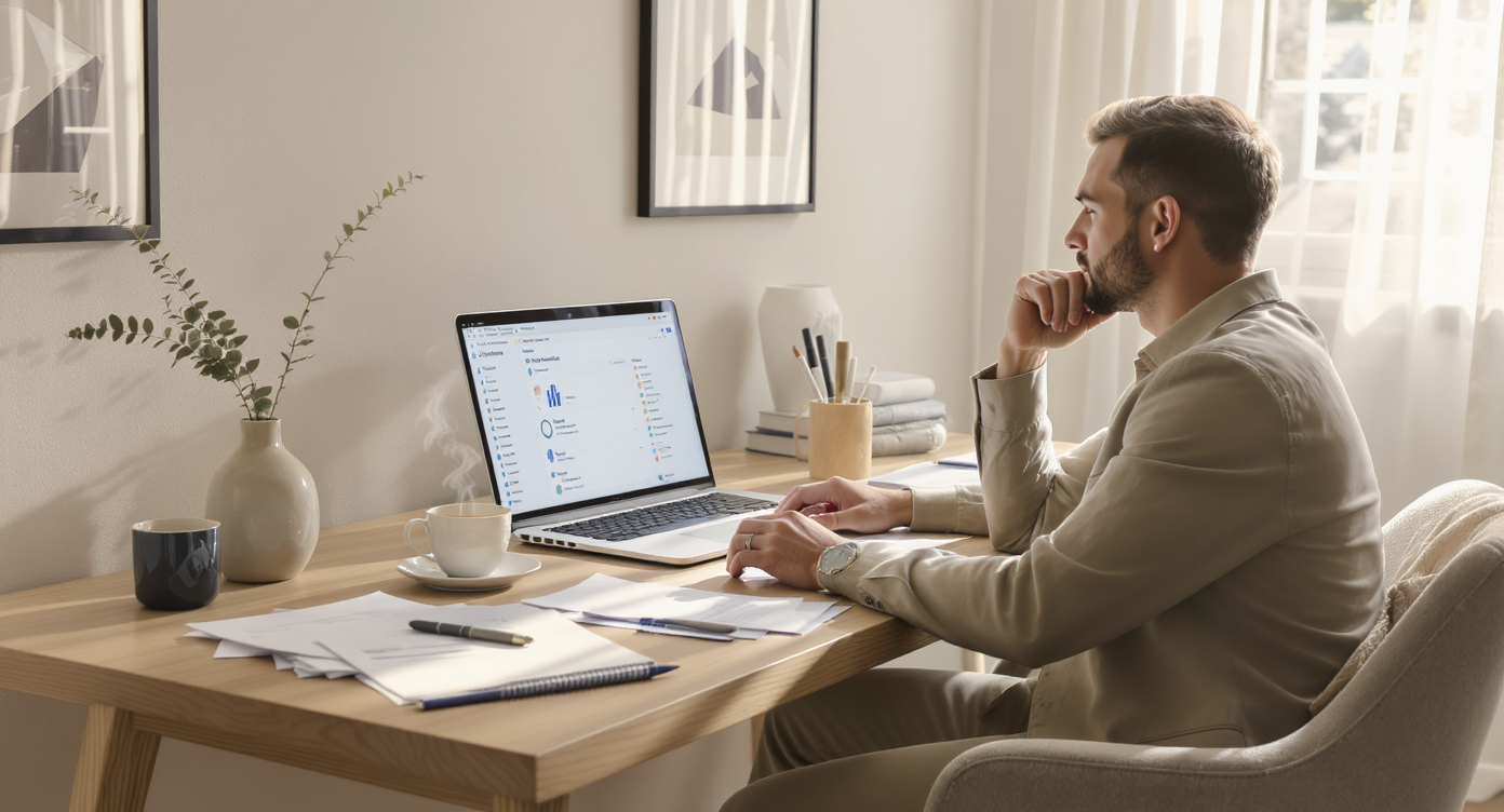 Well-lit home office with laptop, paperwork, coffee, and a Realtor reflecting on her career start in neutral toned space.