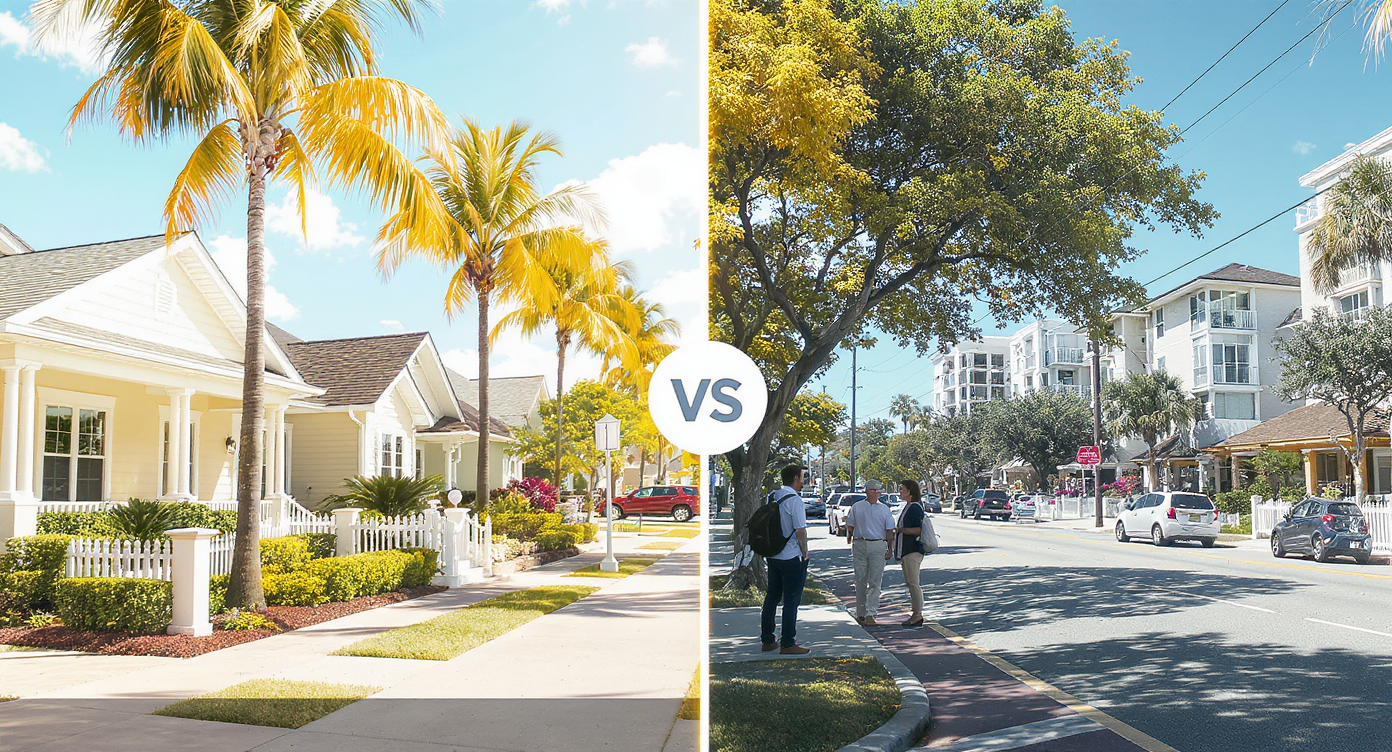 Split image: sunny Florida neighborhood and busy Texas urban street with Realtors interacting with clients outdoors.