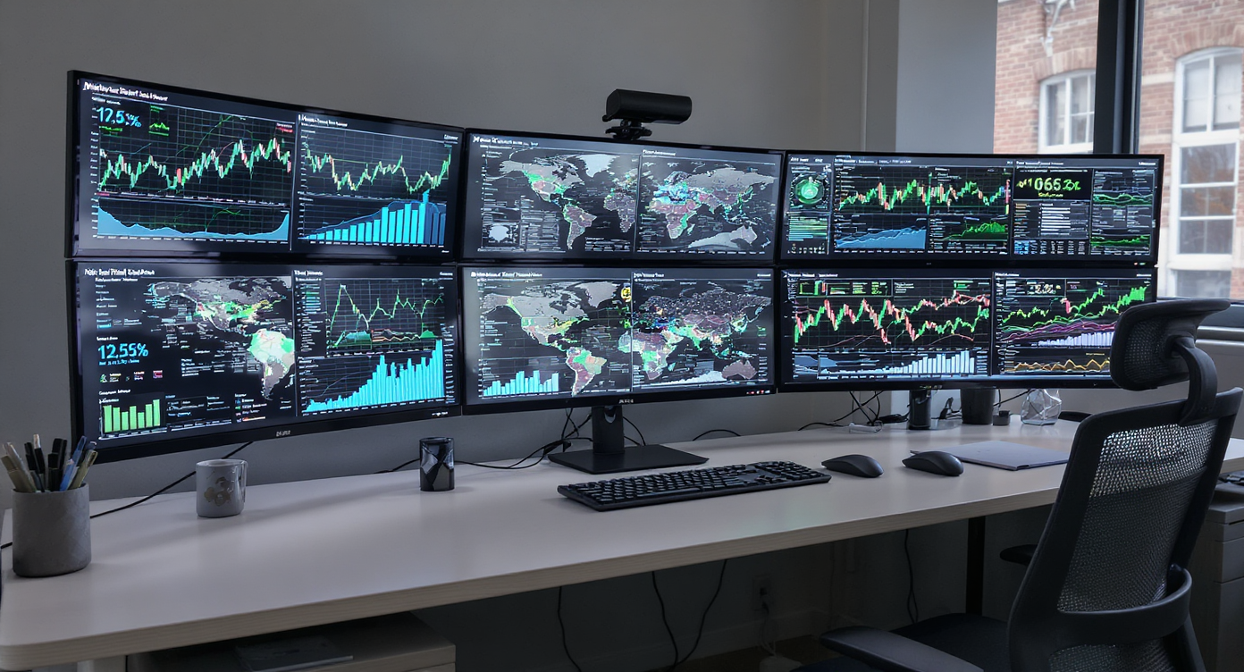 Modern workspace with multi-screen displays showing national real estate market data in a clean, minimalist office.