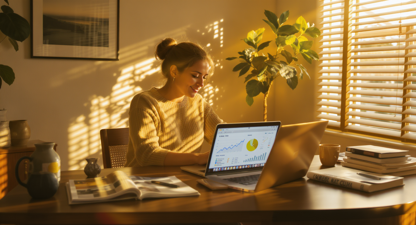 Cozy home office with Realtor analyzing market data on laptop, surrounded by design magazines and plants.