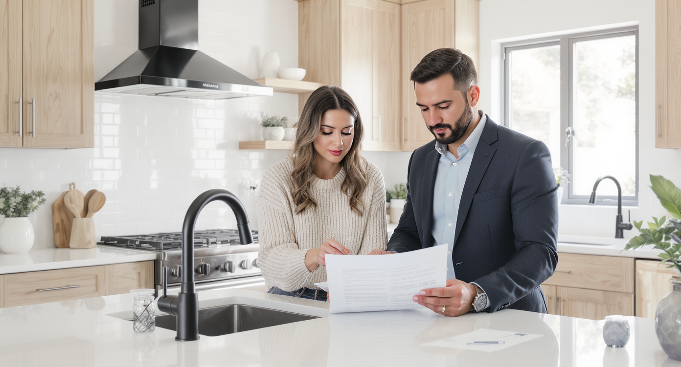 Couple and Realtor reviewing inspection report in bright kitchen with white quartz and light oak finishes.
