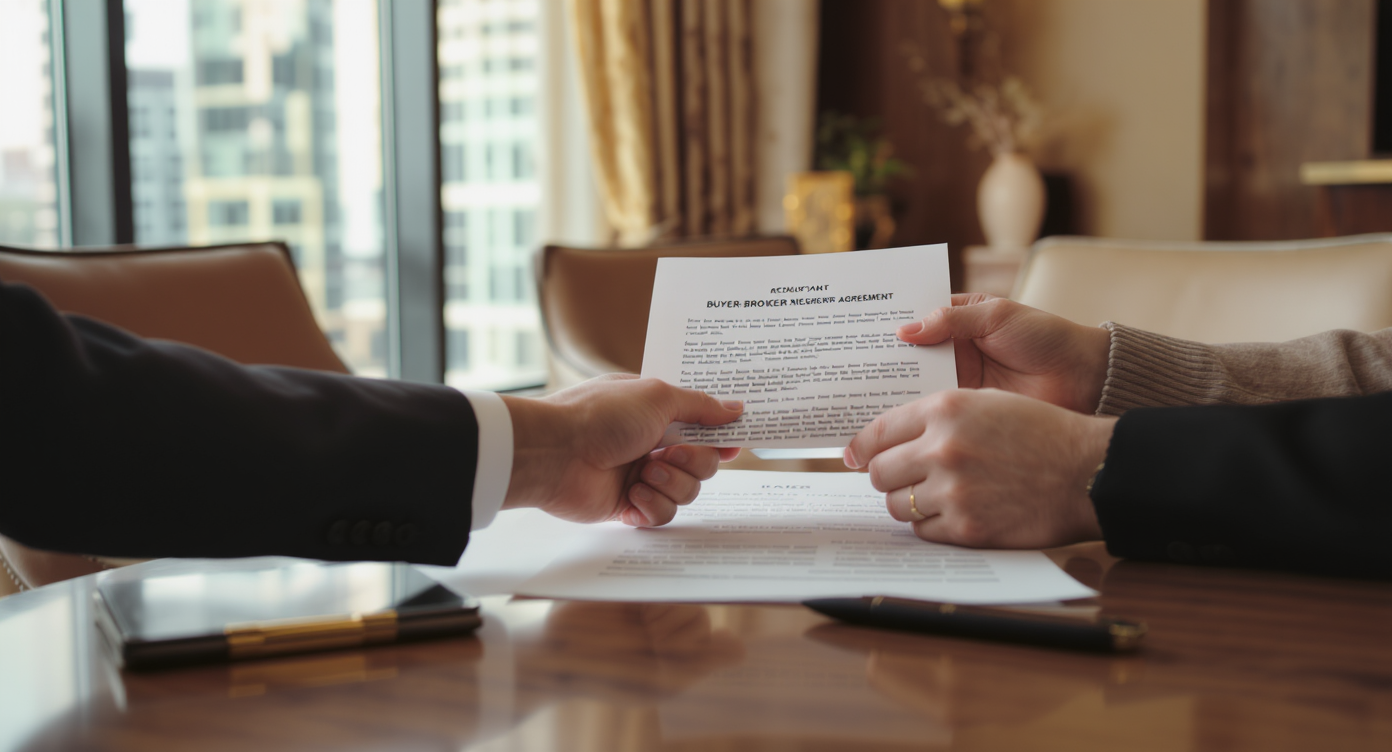 Realtor and client at wooden table reviewing buyer-broker agreement in bright city-view office.