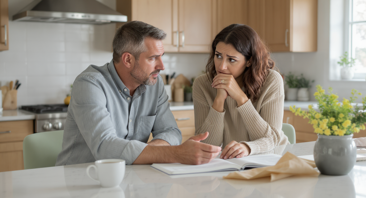 Homeowners in naturally lit kitchen thoughtfully discussing sales strategy, illustrating market psychology.
