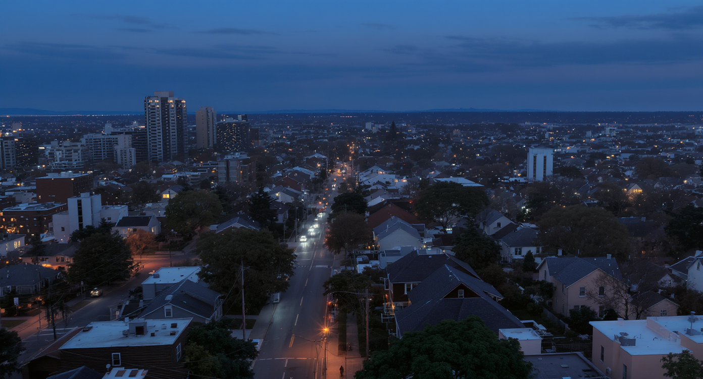 Evening cityscape with diverse residential buildings lit softly under a muted dusk sky, representing market stability.