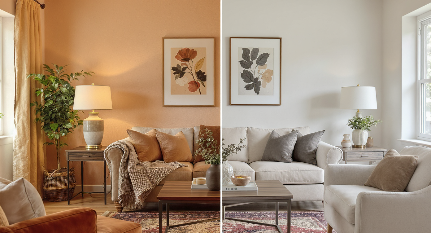 Split living room with warm rustic decor on one side and crisp modern style on the other, illustrating market regional trends.