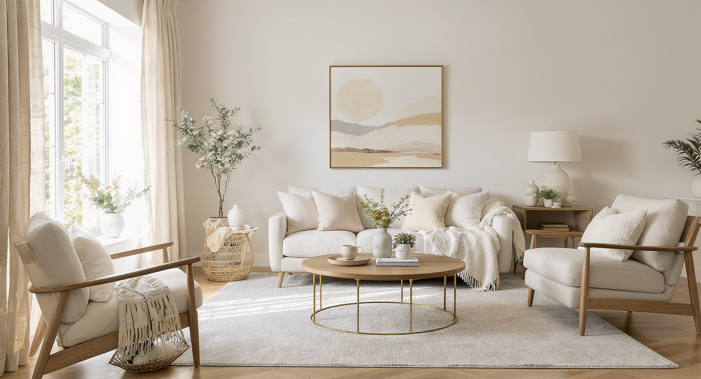 Well-staged living room with neutral colors, natural textures, and warm sunlight illustrating effective listing strategies.