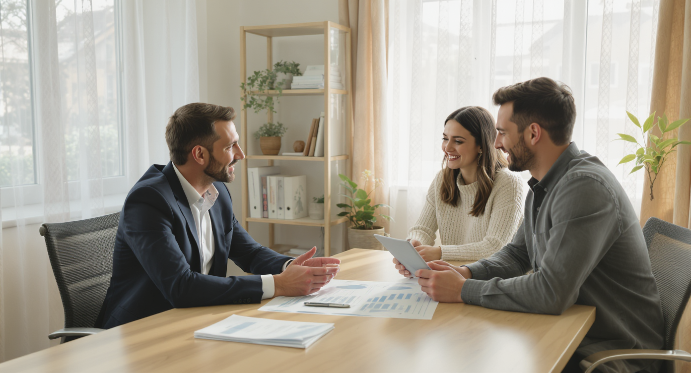 Realtor consulting with young couple in a bright, minimalist real estate office with natural wood desk and sunlight filtering in.