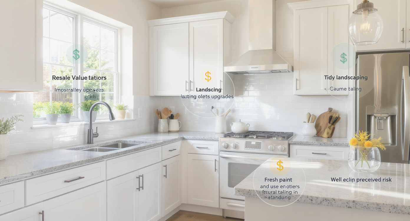 Modern kitchen with white cabinetry and quartz counters, highlighting clean design and cosmetic updates that boost resale value.