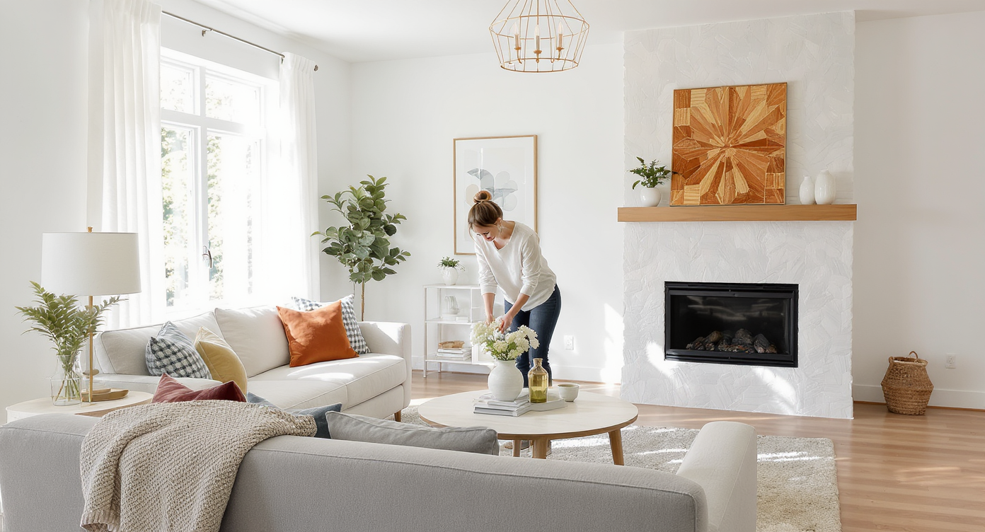 Bright modern living room with hardwood floors, textured tile fireplace wall, neutral decor, and a woman arranging fresh flowers.