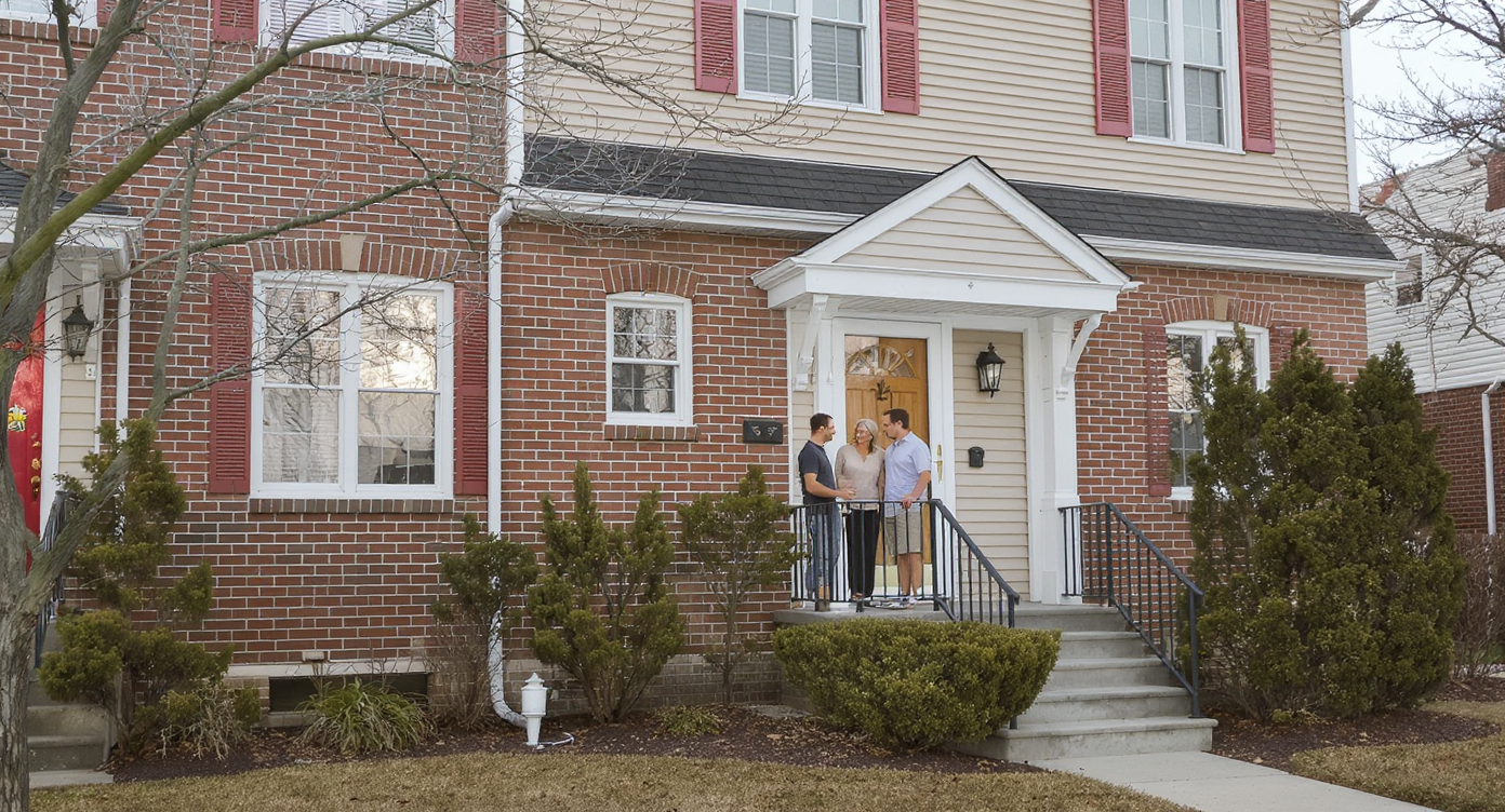 East Coast urban townhouse with brick and siding, a real estate agent consulting buyers on the front steps in soft daylight.