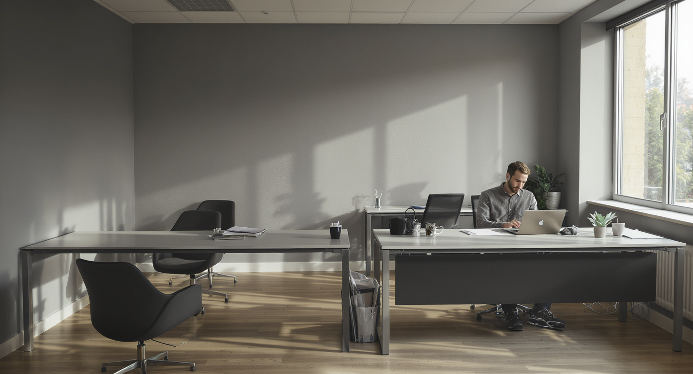 Sparse brokerage office with many empty desks and a single agent focused on a laptop near a bright window.