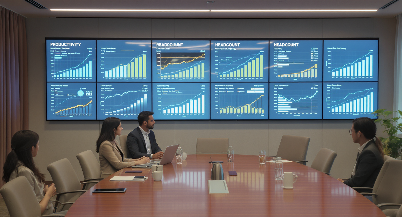 Executives analyzing productivity and headcount graphs in a bright conference room with polished wood table.