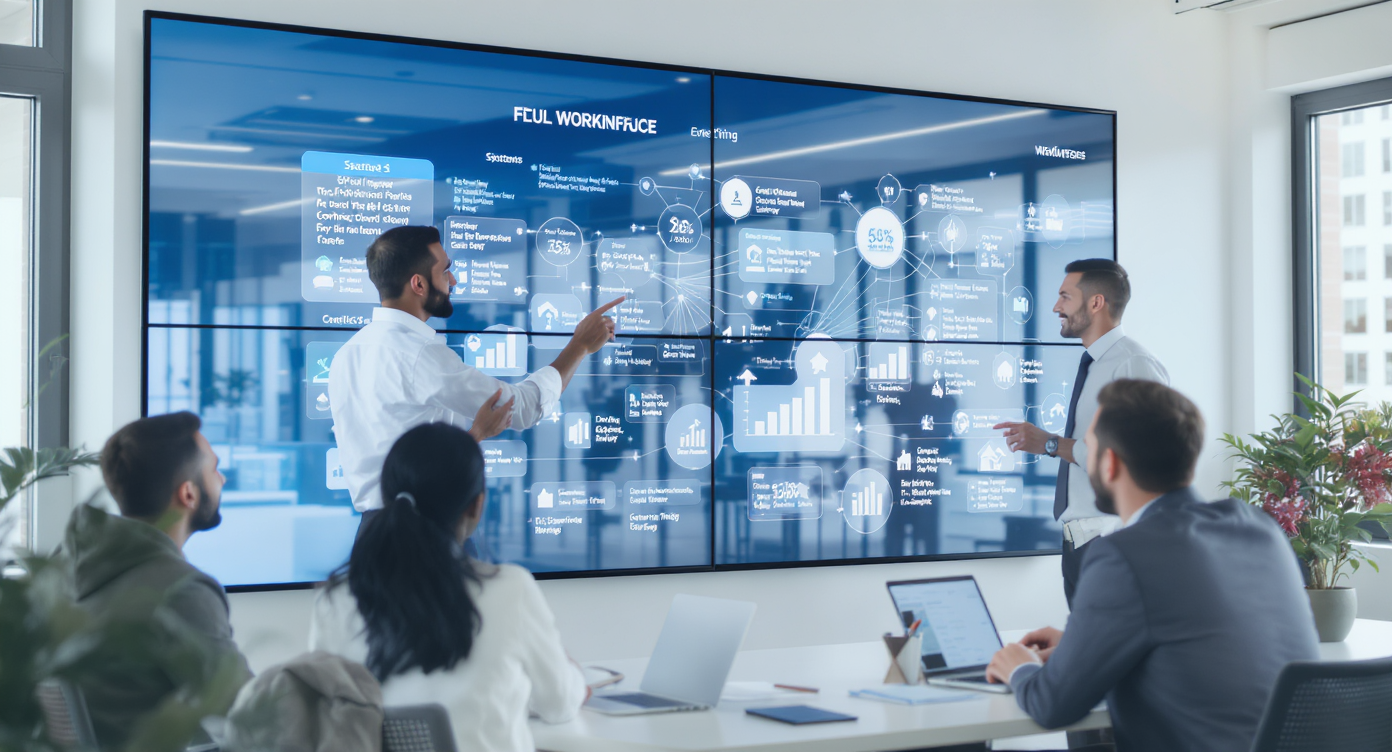 Agents using a touchscreen system in bright modern office emphasizing systems over slogans.