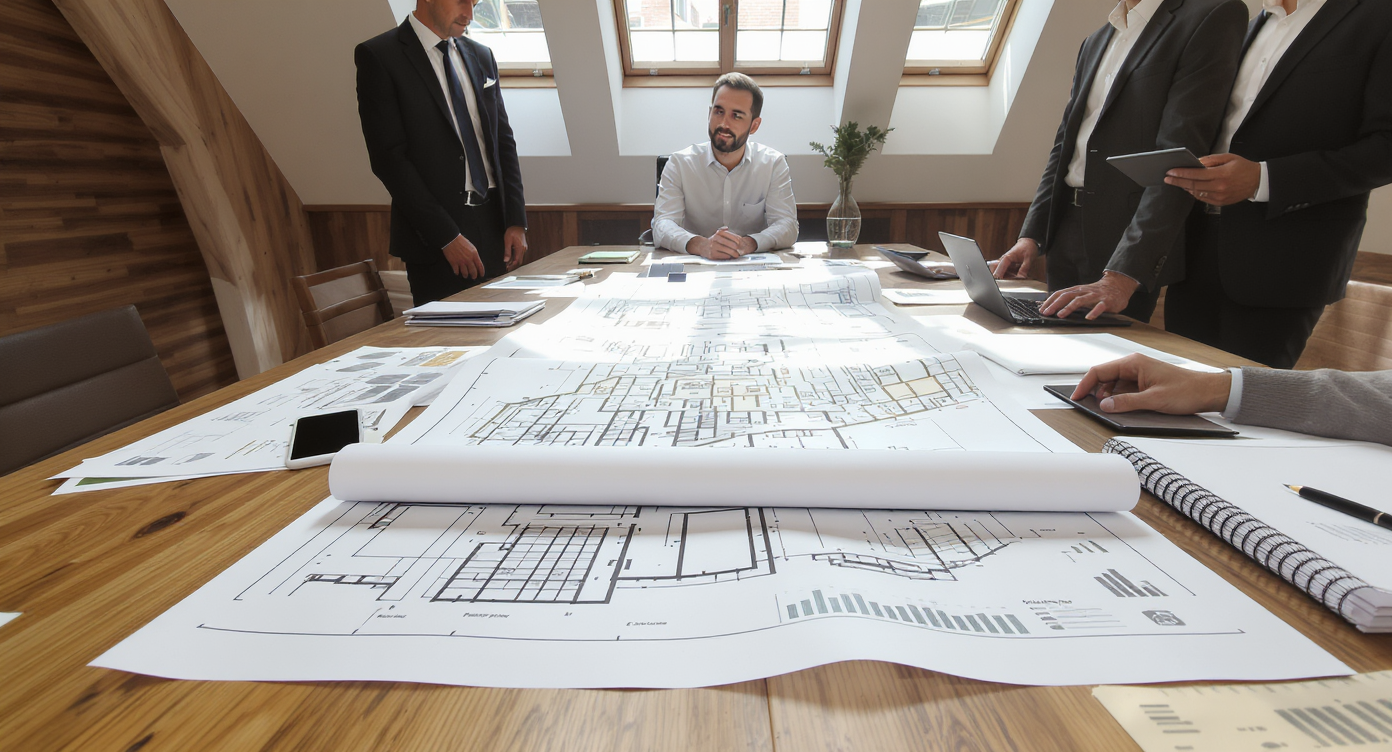 Agents collaborating over architectural plans and market charts in a well-lit, modern advisory space.