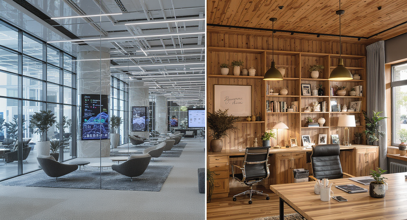 Contrasting offices—modern cloud-scale brokerage with glass walls and cozy boutique with warm wood interiors.