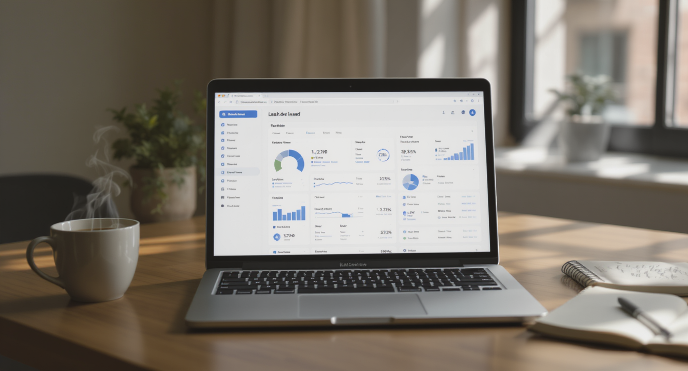 Close-up of laptop on wooden table displaying real estate lead dashboard, with coffee cup and notes nearby in daylight.
