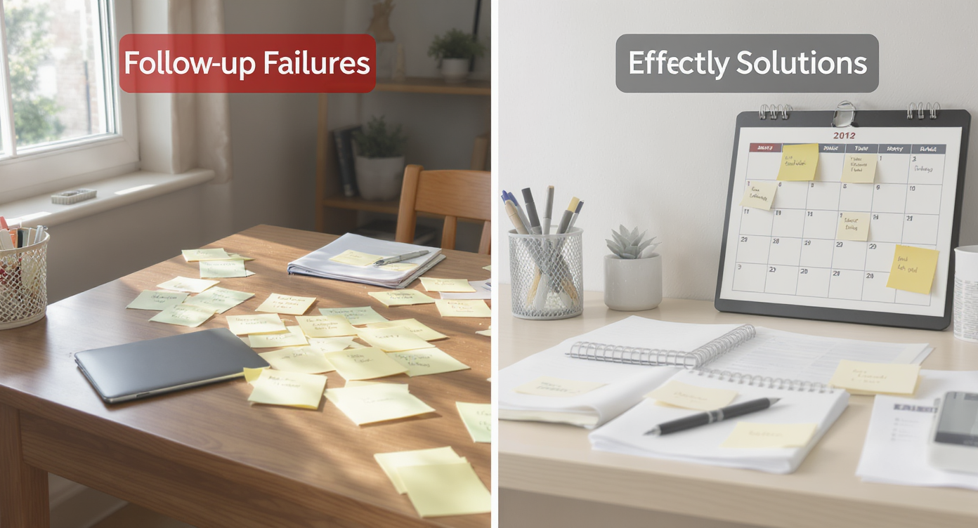 Split home office scene with cluttered desk on one side and organized follow-up workspace on the other, natural light present.