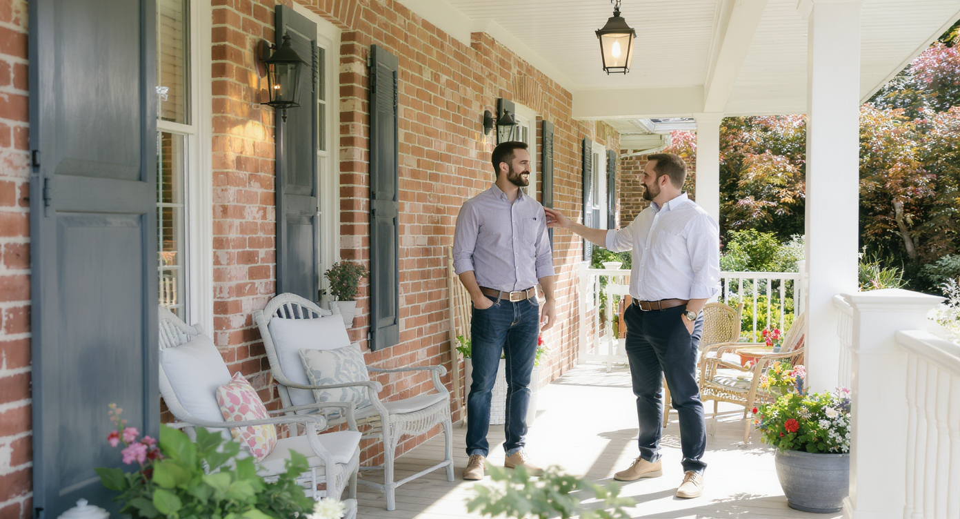 Real estate agent greeting visitor on a sunny porch with brick walls and wooden decking, conveying trust in 30 seconds.